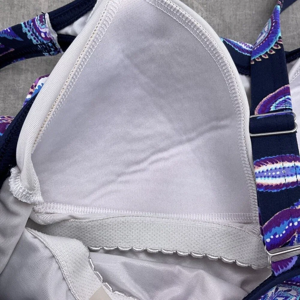 Lands End Tankini Top Women 6 Blue Purple Floral Paisely Layered Bra Wide‎ Strap